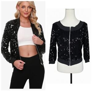 Black Sequin Cropped Bomber Jacket Women's Size Medium